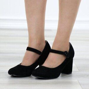 Black Mary Jane Shoes Faux Suede Buckle Strap Chunky Block Heel